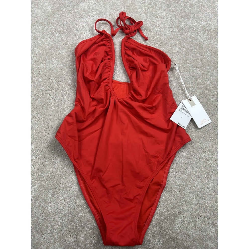 Good American Swimsuit Womens 2 Bright Poppy Red One Piece Halter Plunge